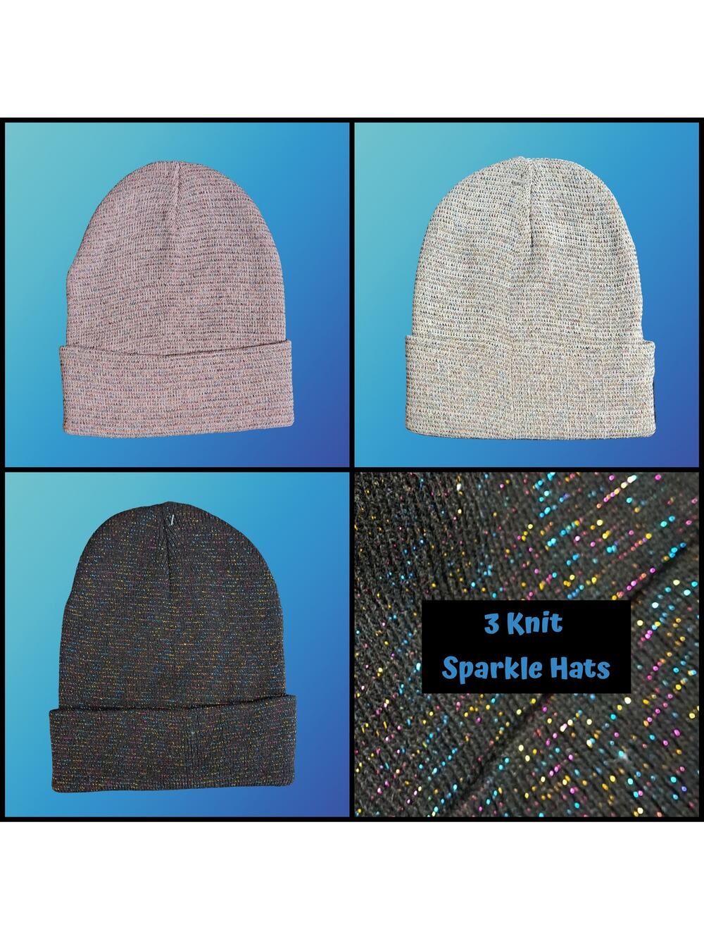 3 Winter Knit Toboggan Beanie Hats Solid Color With Rainbow Sparkle Threads OSFM